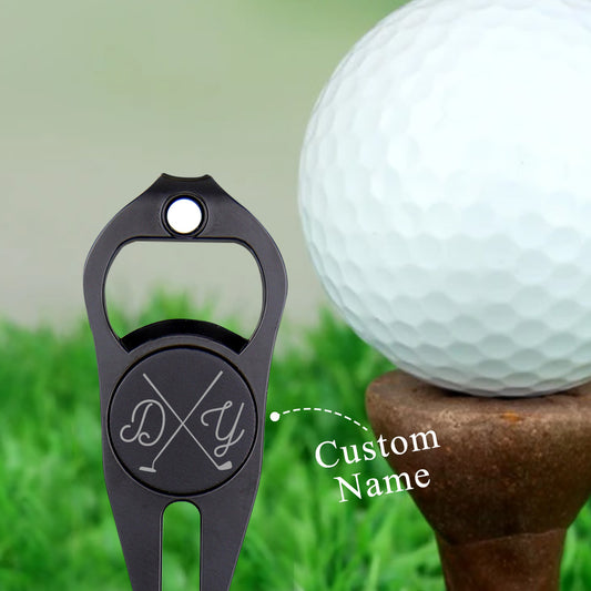Personalised golf fork with engraved magnetic ball marker and bottle opener in black — zinc alloy divot tool for golfers
