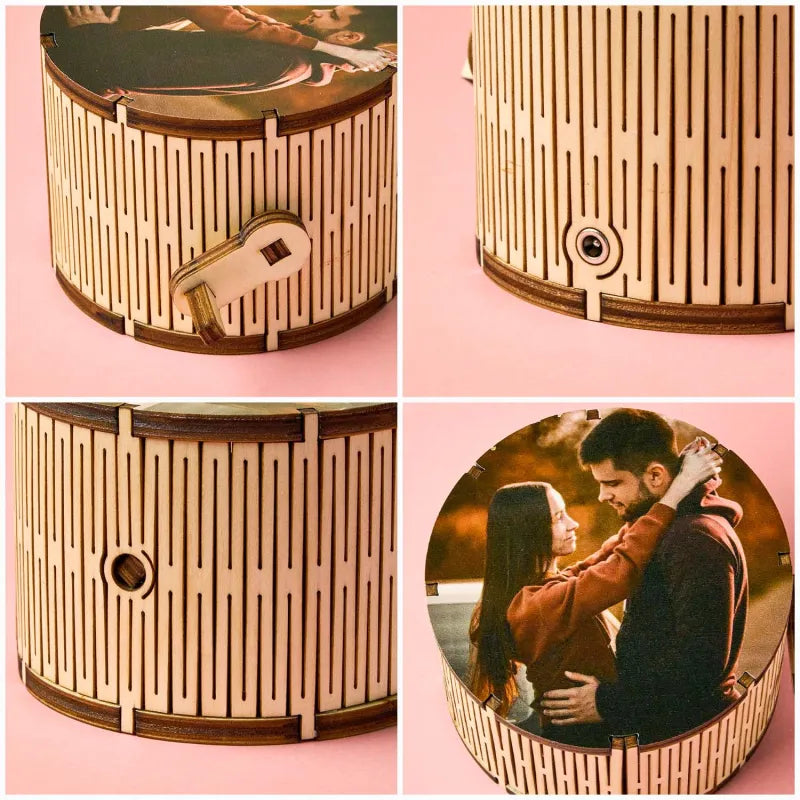 Rotating photo cylinder in motion showcasing a custom image — personalised music box gift for weddings and anniversaries