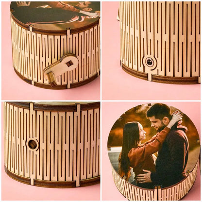 Rotating photo cylinder in motion showcasing a custom image — personalised music box gift for weddings and anniversaries