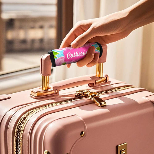 Personalised Vacation Element neoprene luggage handle wrap with travel icons — custom suitcase ID for quick spotting on the baggage carousel