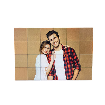 Multiple personalised magnetic blocks joined to form a photo collage — custom magnetic building blocks for interactive display