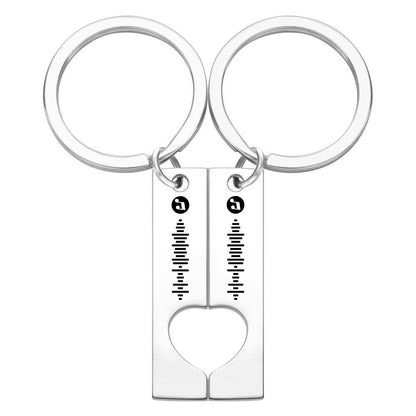 Detailed shot of 3D engraving on personalised Spotify music code stainless steel keychain with tarnish‑resistant finish