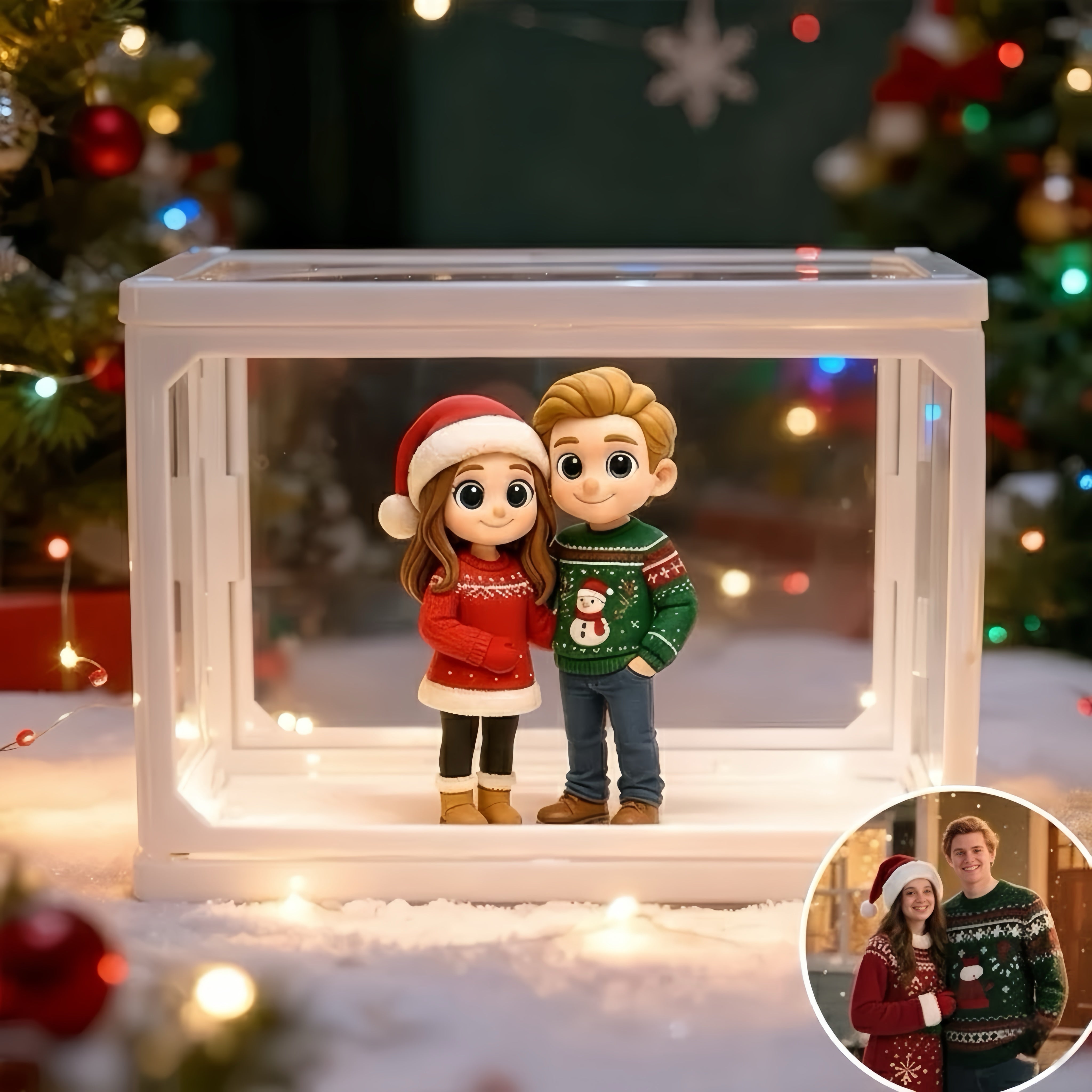 Casa de muñecas de cristal con minifiguras 3D personalizadas para 2 personas, vitrina con escena personalizada, regalo de Navidad único (Producción: 10-15 días hábiles) 