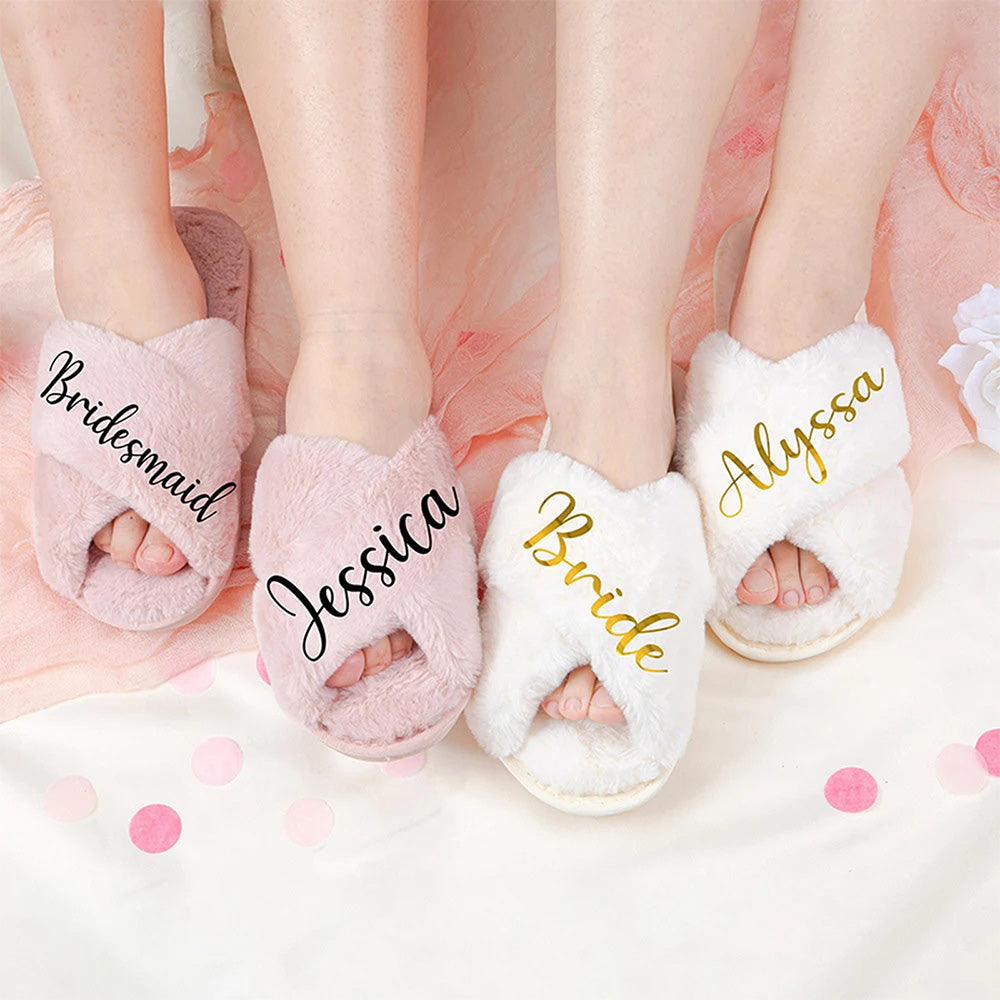 Close-up of fluffy cross strap on personalised slippers highlighting plush fur texture and premium finish, perfect for bridal party gifts