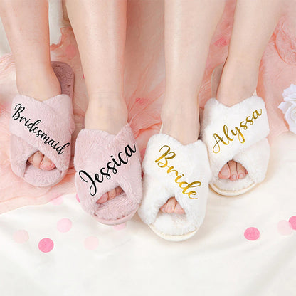 Personalised Fluffy Cross Slippers - Bride & Bridesmaid Gift