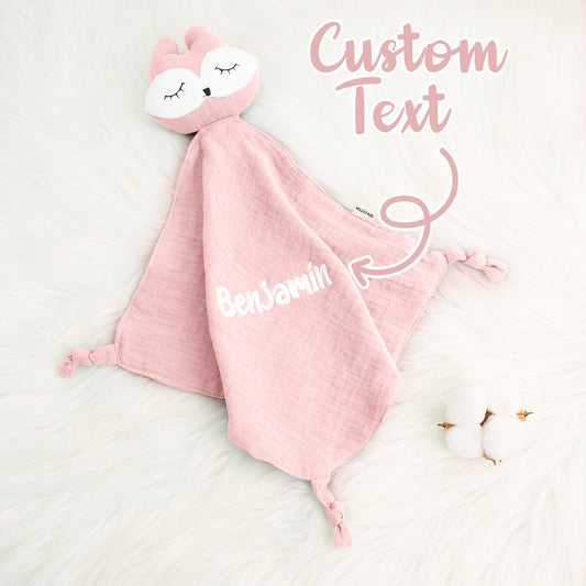 Personalised baby comfort towel with embroidered name in soft premium cotton, 24cm x 24cm — a newborn keepsake and soothing comforter