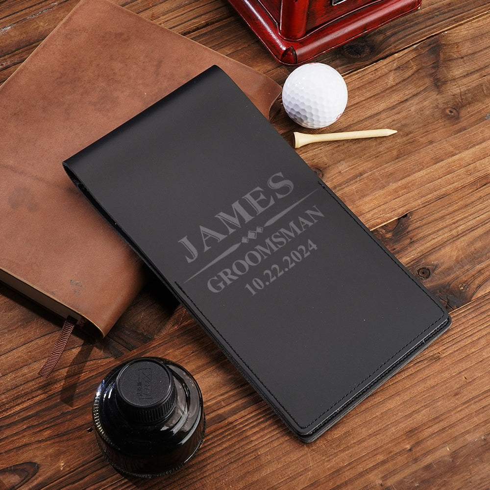 Close-up of personalised name engraving on PU leather golf scorecard holder
