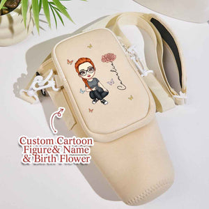 Personalized Cartoon Birth Flower Waterproof Bottle Carrier Bag for 40oz Stanley Tumbler Gift for Her