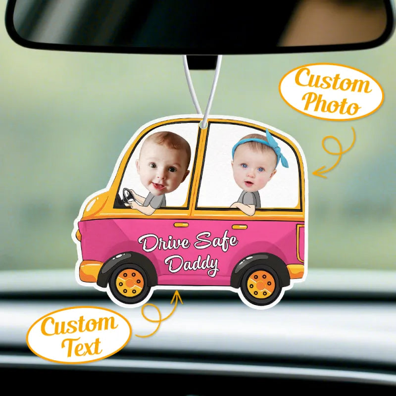 Felt car air freshener with personalised message, ready to hang.