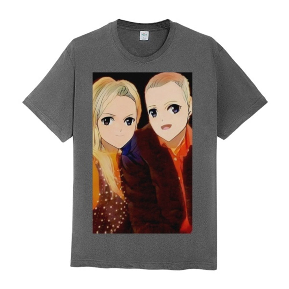 Close-up of personalised anime-effect heat-transfer print and reinforced round neck on men's cotton T-shirt showing vivid, long-lasting colours