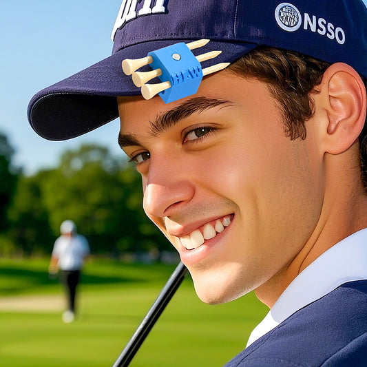 Personalised 3D printed magnetic golf ball marker hat clip clipped to a cap with tees holder — lightweight PLA golf accessory