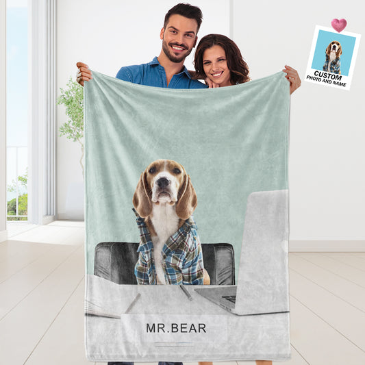 Personalised Funny Pet Blanket with custom pet name and playful dog illustration on soft flannel — the perfect custom dog office throw for cosy evenings and travel