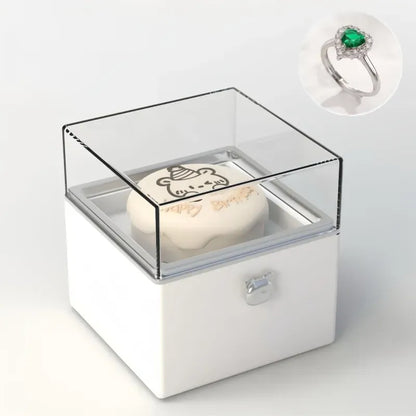 Romantic candlelit reveal of the Bear Cake Ring Box with a flicker effect as the ring rises — cinematic engagement moment