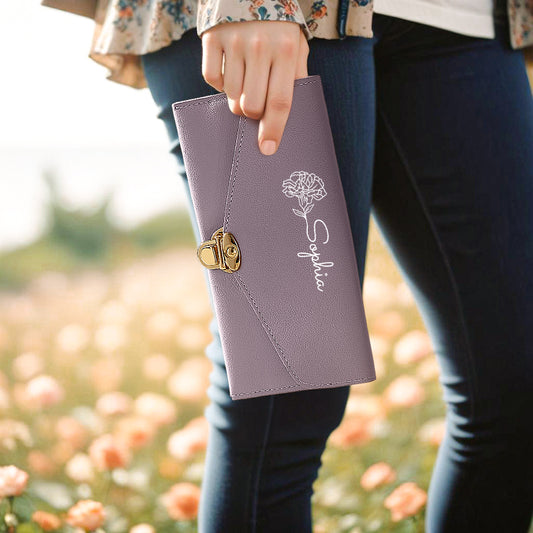 Personalised PU leather birth flower wallet front view with custom name – ideal birthday gift for her