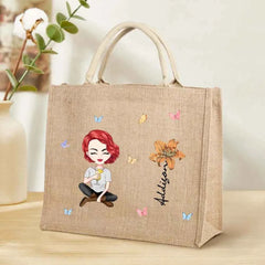Personalized Cartoon Women Girl Birth Flower Grandma's Garden Jute Tote Bag with Name Wedding Birthday Gift for Her
