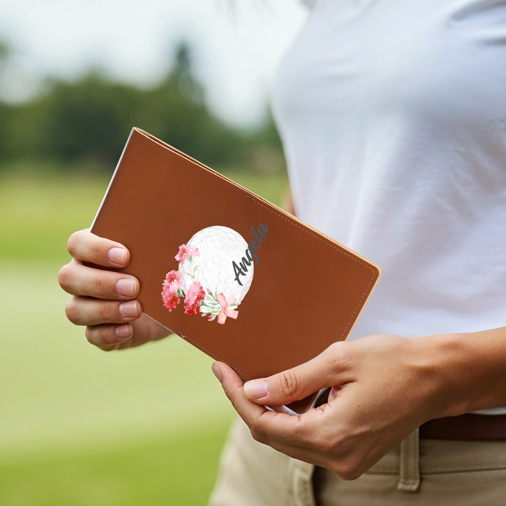 Slim personalised golf scorecard holder open flat to display card pockets and writing area — perfect for keeping score on the course