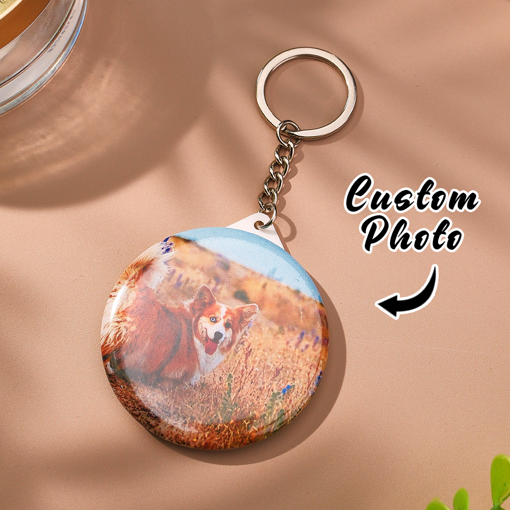 Personalised photo keyring with round mirror – compact 5.8 cm iron keyring showing custom photo front and mirror back, perfect gift for her for Mother’s Day, Valentine’s or graduation