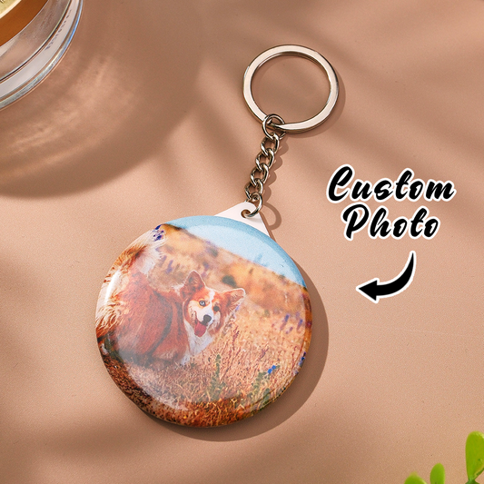 Personalised photo keyring with round mirror – compact 5.8 cm iron keyring showing custom photo front and mirror back, perfect gift for her for Mother’s Day, Valentine’s or graduation