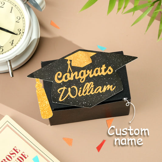 Personalised graduation cap money box with printed name on lid and 30 transparent pockets