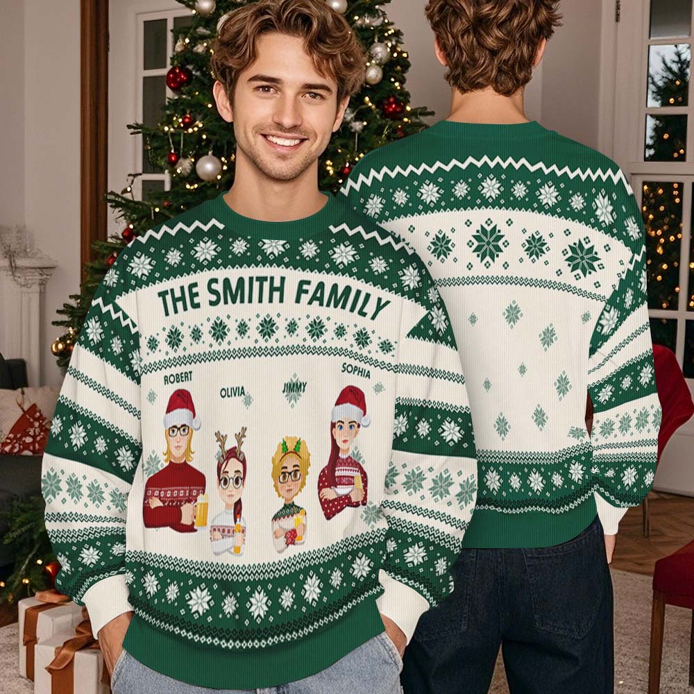 Personalised cartoon Christmas jumper front view with custom name and funny ugly sweater design, sizes S–5XL, polyester