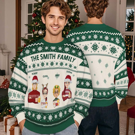 Personalised cartoon Christmas jumper front view with custom name and funny ugly sweater design, sizes S–5XL, polyester