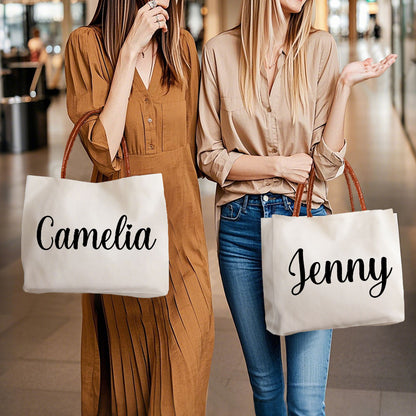 Close-up of custom name print on canvas tote with crisp typography and PU leather trim — personalised name tote bag detail