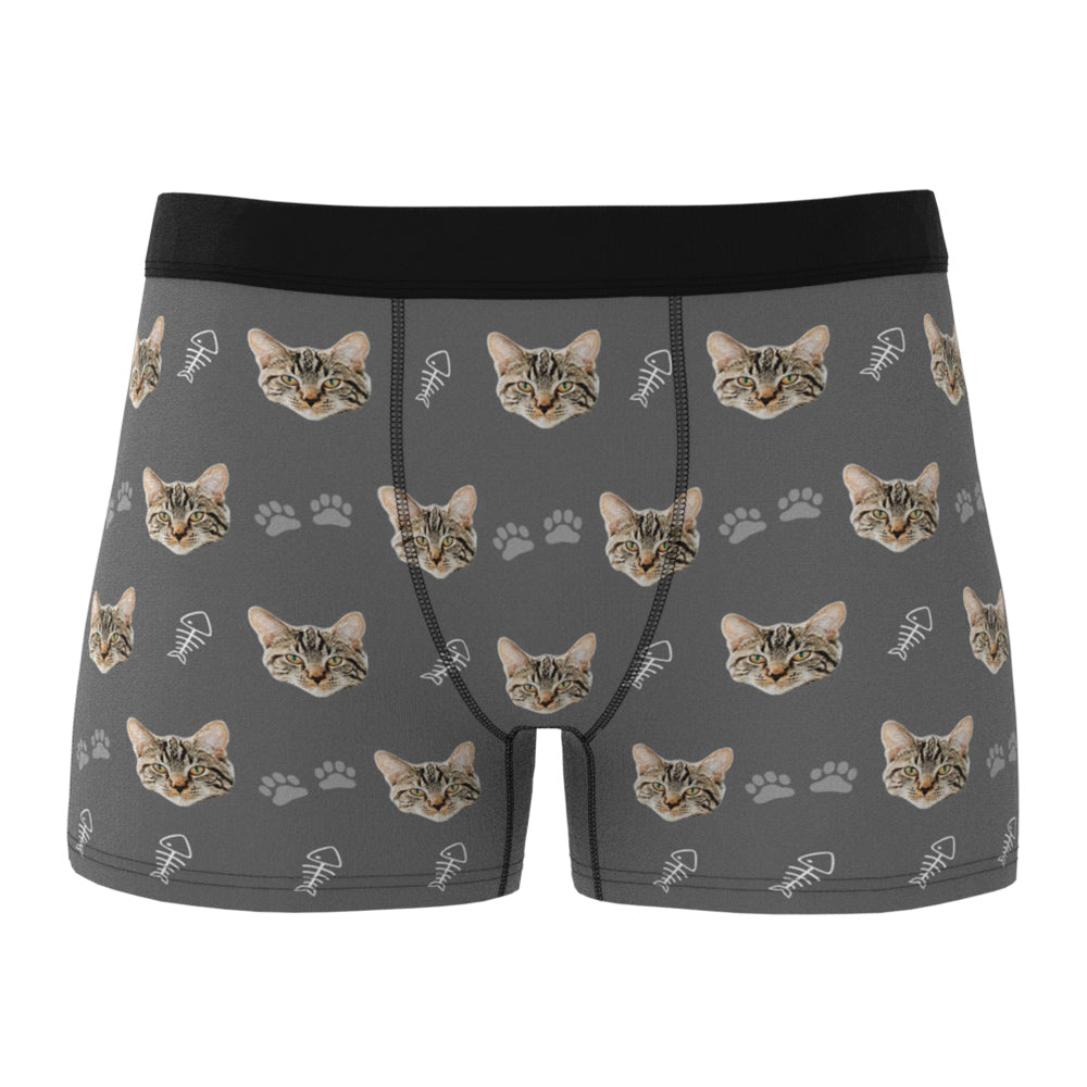 Personalised boxer briefs laid flat showing full cat-face design and elastic waistband — personalised men's boxer briefs with breathable stretch fabric