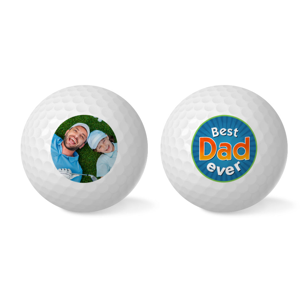 Three personalised golf balls displaying UV double-sided photo printing and aerodynamic dimpled surface — custom golf ball gifts for him and Father's Day keepsake