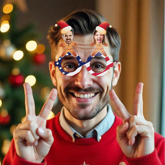 Personalised Photo Christmas Glasses Frames round design with a custom family photo – festive party photo prop and personalised favour