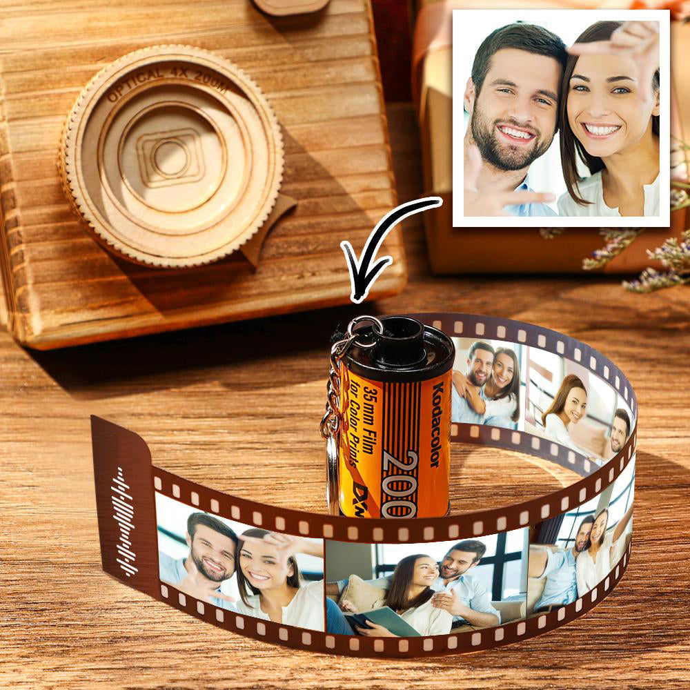 Five-photo film roll keychain displaying custom memories in a compact, gift-ready keepsake.