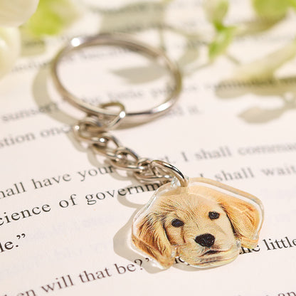 Custom pet keyring used as a bag charm featuring a personalised pet portrait — thoughtful birthday or anniversary pet lover gift