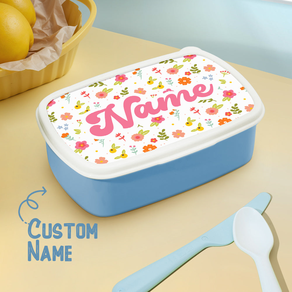 Personalised cute lunch box with colourful flowers and custom name – perfect birthday gift for kids and school lunchbox