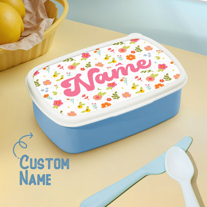 Personalised cute lunch box with colourful flowers and custom name – perfect birthday gift for kids and school lunchbox