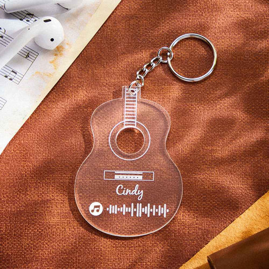 Personalized Guitar Shaped Music Keychain Engraved Scannable Code Key Ring for Music Lovers