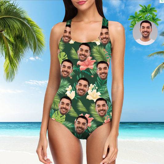 Custom Face Tropical One‑Piece Swimsuit front view with personalised photo print, vivid heat‑transfer colours, modest scoop and flattering body‑hugging cut