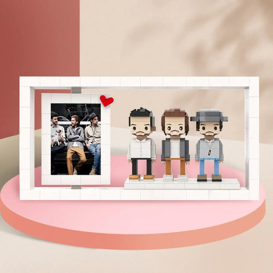 Personalised 3‑person full‑body brick figures photo frame — custom mini block family portrait in eco‑friendly ABS, perfect keepsake gift