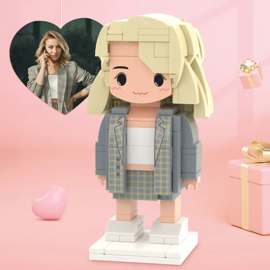 Personalised full-body custom brick figure of a woman with high-detail facial likeness and customised outfit – unique photo gift for her, eco ABS keepsake