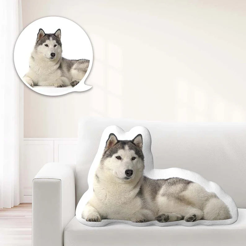 Personalised pet pillow in bespoke shape displayed as decorative cushion, non-allergenic cotton fill and vibrant custom print