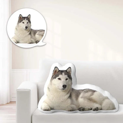 Personalised pet pillow in bespoke shape displayed as decorative cushion, non-allergenic cotton fill and vibrant custom print