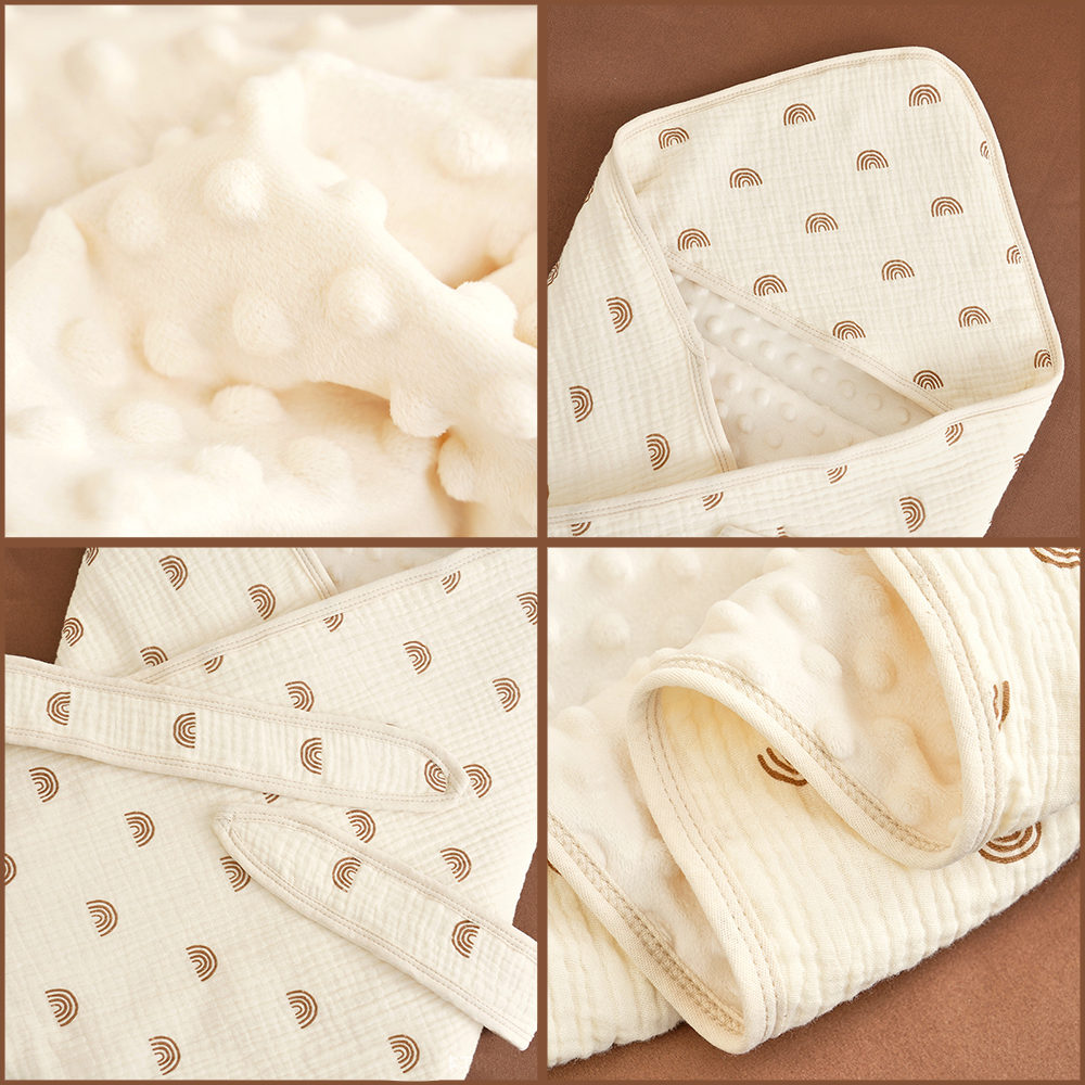 Swaddle blanket laid flat to show 90cm x 90cm size and breathable 100% soft cotton fabric