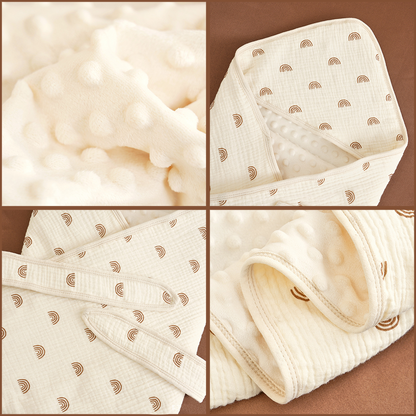 Swaddle blanket laid flat to show 90cm x 90cm size and breathable 100% soft cotton fabric
