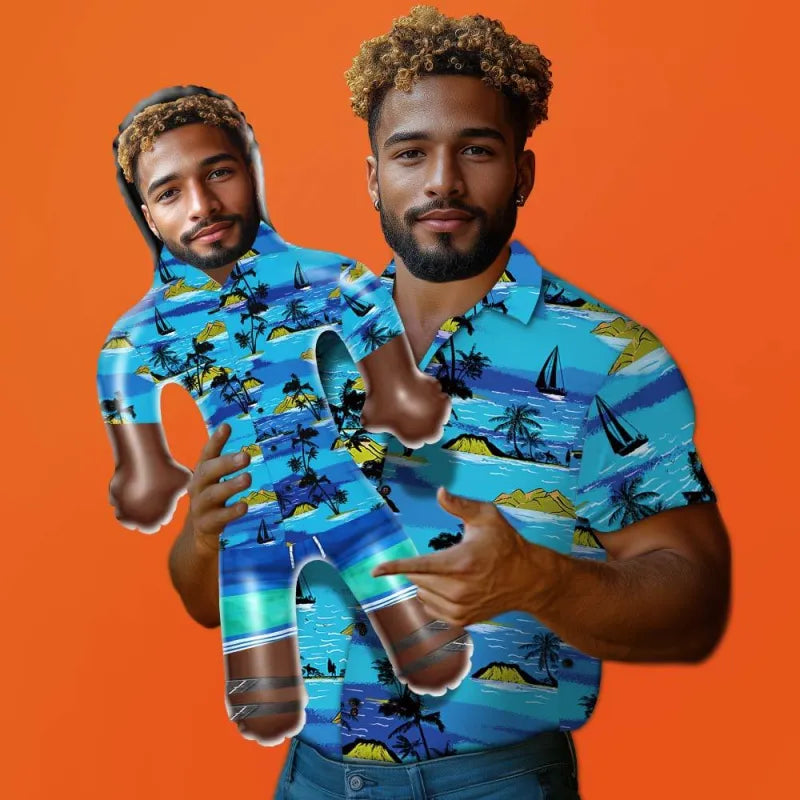 Personalised inflatable blow-up doll with a custom face wearing a tropical Hawaiian shirt, a humorous party gift