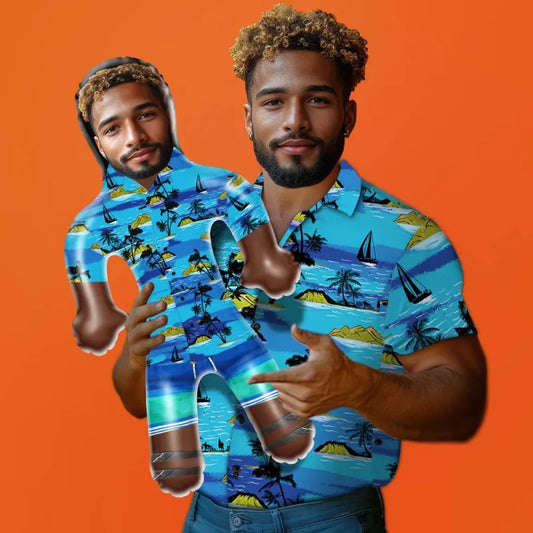 Personalised inflatable blow-up doll with a custom face wearing a tropical Hawaiian shirt, a humorous party gift