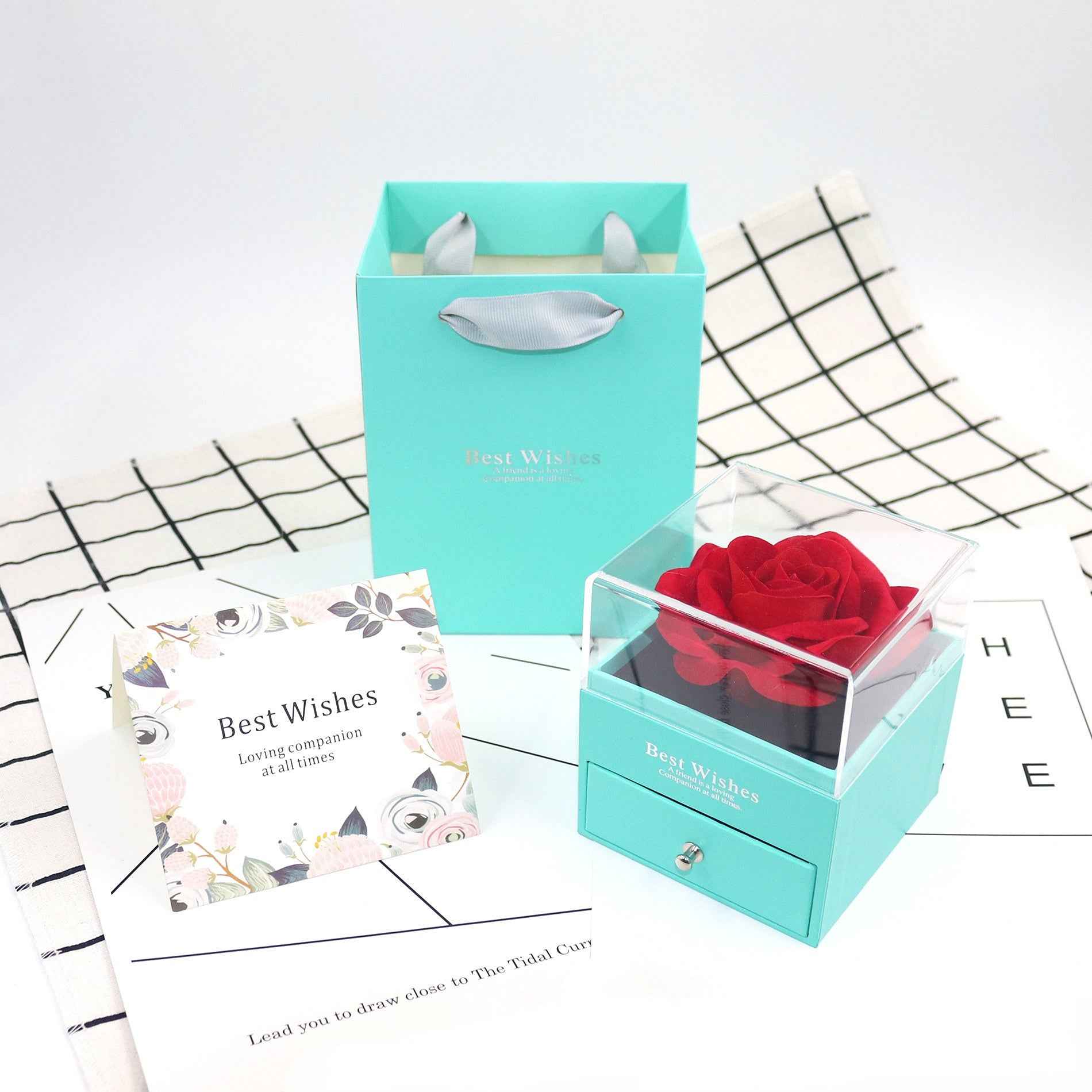 Rose Jewelry Gift Box with Greeting Card and Gift Bag