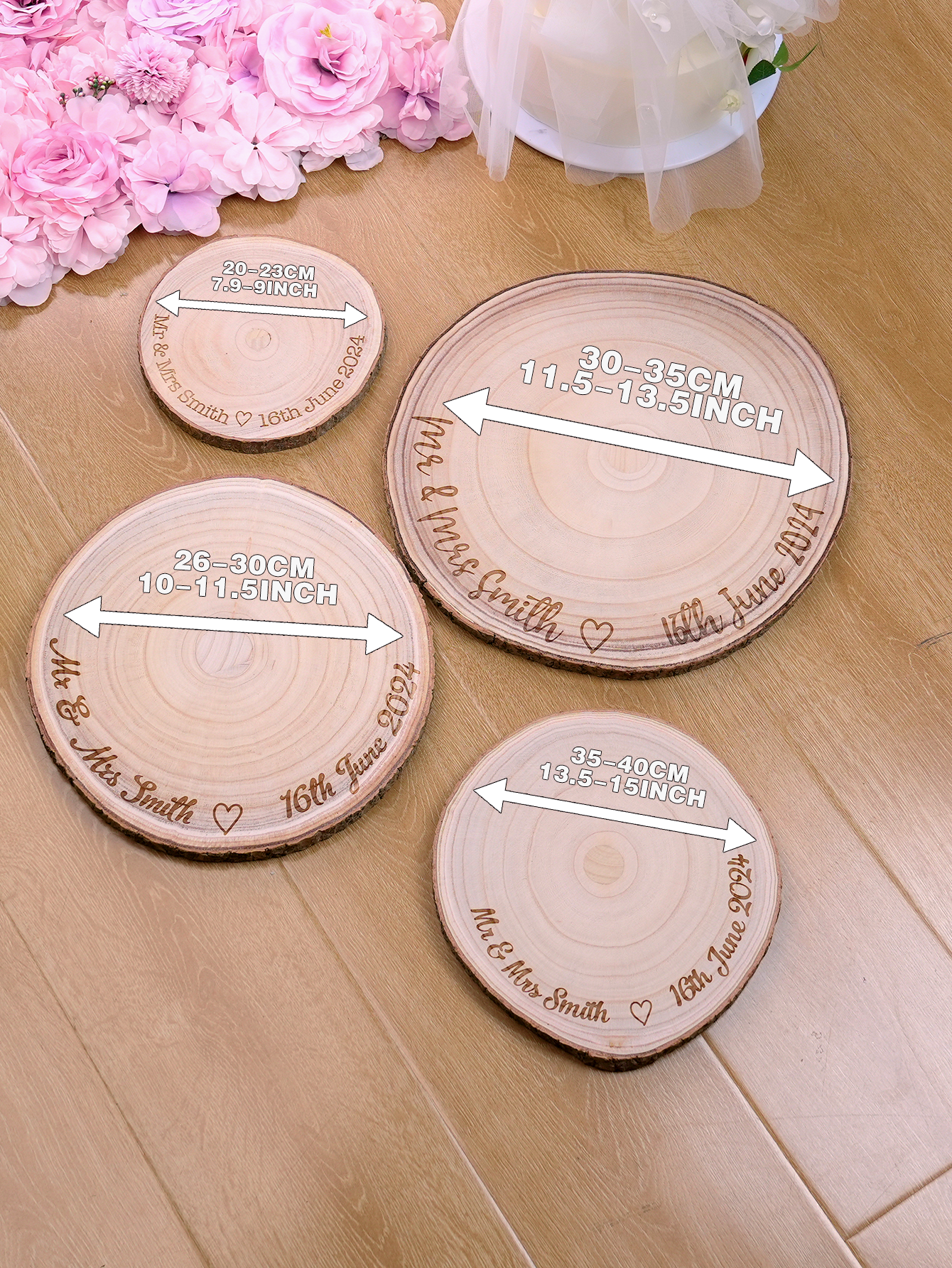 Personalised Engraved Wood Slice Wedding Cake Board | Custom Name & Date