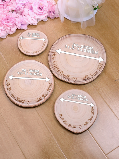 Personalised Engraved Wood Slice Wedding Cake Board | Custom Name & Date