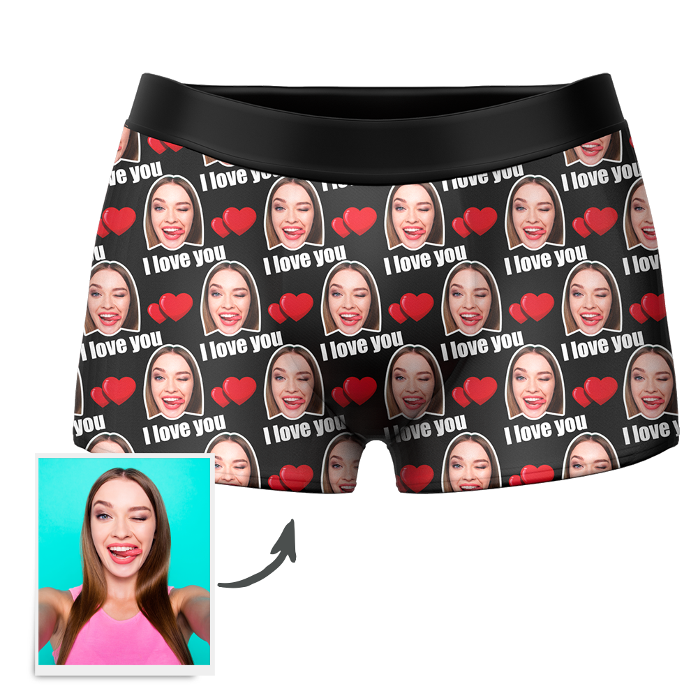 Red personalised I Love You men's boxer shorts with custom face waistband – romantic Valentine's gift idea for him