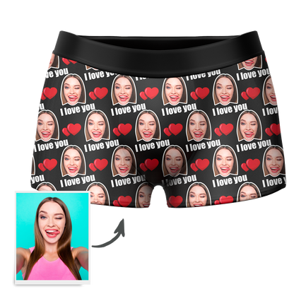 Red personalised I Love You men's boxer shorts with custom face waistband – romantic Valentine's gift idea for him