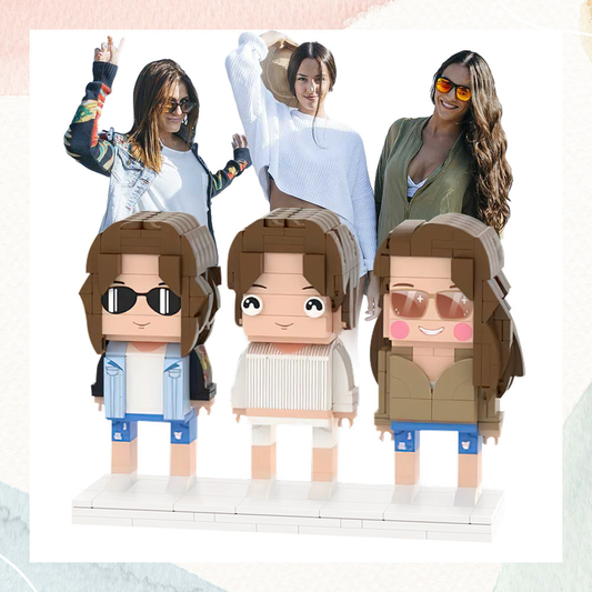 Three-person custom brick figures personalised as a gift for girlfriends — bespoke photo-to-figure keepsake in eco-friendly ABS