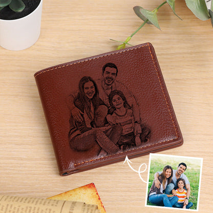 Interior close-up of personalised bifold wallet displaying printed photo, hidden card pockets and neat stitching — custom text leather wallet